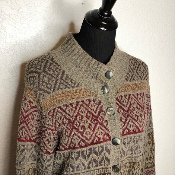 Peruvian Connection taupe geometric print button front long cardigan sweater XL - Picture 2 of 16